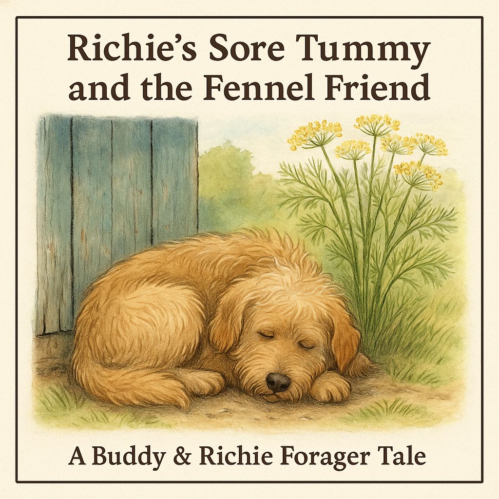 Illustration of Richie the dog curled up near a teal shed, looking poorly, with fennel plants swaying nearby in a garden.